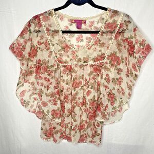 SUGAR 17 Blouse Floral Sheer Crochet Scoop Neck Cottage Boho Womens S Cream Pink